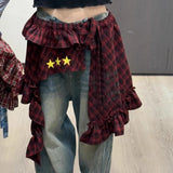 GETADME Adjustable Star Layer Outfits Plaid Skirt Hip-hop Sweet Lace Up Hip Scarf Korean Style Y2K Ruffled Edge Waistband Jeans Decor
