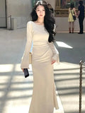 Getadme-Autumn Spirng French Elegant Slim Women Midi Dress Fashion Flare Sleeve Stain Mermaid ady Vestidos Mujers Clothes