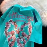 Getadme 아메리칸 스타일 레트로 루즈 로즈 버터플라이 엔젤 프린팅 반팔 티셔츠 남녀 연인 여름 루즈 캐주얼 탑