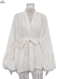 GETADME Oymimi Fashion White Cotton Women's Two Pieces Set Elegant Puff Sleeve Loose Lace-Up Shirts And High Waisted Shorts Female Sets