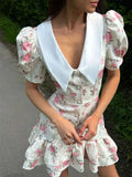 GETADME Sweet Floral Printed Ruffle Hem Dress Chic A-line Lapel Puff Sleeve Dresses For Women 2025 Summer Lady Holiday Street Gowns New