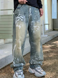 GETADME New Graffiti Printed Baggy Jeans For Men Y2K Vintage Distressed Blue Harajuku Denim Pants High Street Straight-leg Jean Trousers