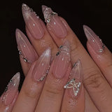 GETADME 24Pcs Metallic Cat Eye French Sheer Manicure Tip Art Textured 3D Acrylic False Nails Nude Pink Almond Medium Press on Fake Nails