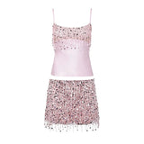 GETADME Sexy Sequins Tassel Skirt Sets Women Sling Crop Tops Hip Package A-line Short Skirts 2025 Summer Chic Beach Party Outfits Lady