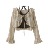 GETADME Women Autumn Top French Retro Sweet Jacket Waisted Short Lace Ruffle Edge Spicy Style Suspenders Two Piece
