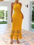 GETADME Yellow Crochet Halter Neck Maxi Dress with Fringe Hem Boho Summer Beach Dress