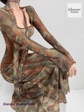 GETADME French-style fashion halo-dyed gauze printed ribbon dress women's spring and summer pleated waist slim lantern sleeve dress