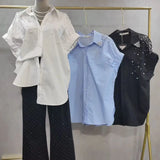 GETADME Pearls Beads Stitch Cotton Short Sleeve Blouses Shirts Women 2025 Spring Summer New Fashion Trend Loose Casual Tops Blusas