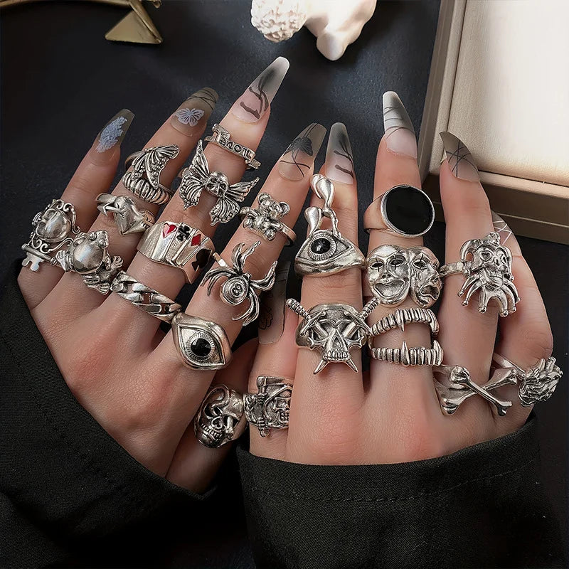 GETADME 24Pcs/Set Punk Gothic Rings Sets Silver Color Skeleton Spider Poker Joker Eyes Heart Rings For Men Fashion Hip Hop Jewelry Gifts