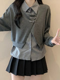 GETADME Fashion Vintage Design Hoodies Fake Two Piece Patchwork Striped Turn Down Collar Sweatshirts Spring Autumn 2025 Women's Clothing