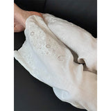 GETADME 우아한 리넨 화이트 와이드 레그 팬츠 여성 패션 자수 배기 풀 렝스 팬츠 여름 한국 캐주얼 스트레이트 팬츠 신상품 