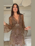 GETADME Vintage Sequin Sheer Mini Dress For Women Chic Floral Embroidery V-neck Long Sleeve Ruffled Hem Dresses NEW Party Cocktail Dress