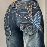 GETADME Embroidered Women Jeans Y2K Millennium Harajuku Slim Flared Jeans American Fashion High Street Large Size Butterfly
