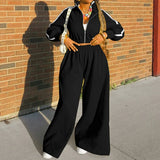 GETADME 여성 가을 ​​패션 스탠드 칼라 긴팔 카디건 탑+와이드 레그 팬츠 캐주얼 겨울 패션 클럽 투피스 세트