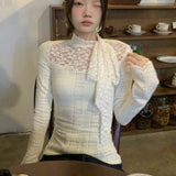 GETADME Vintage Lace Patchwork Long Sleeve T Shirts Women Korean Fashion Elegant Slim Lace Up Bow Top Autumn Winter New Soft Female Tees