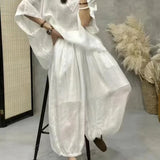 GETADME Ramie Set For Women Large Size With Bat Sleeves V-neck Cotton Linen T-shirt Casual Lantern Pants Two-Piece Set For Autumn E5175