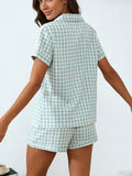 GETADME Loungewear Women Pajamas Cardigan Lapel Short Sleeve Shorts Two Piece Set Spring Summer Fresh Light Green Plaid Loose Fit Casual