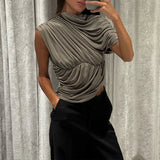 GETADME Newly Chic Ruched Sleeveless Asymmetrial Solid O Neck Elegant Evening Party T shirt Pullovers Summer Clothing Tops