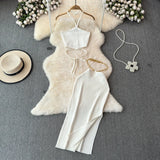 GETADME Summer KnittedTwo Piece Dresses Sets Women Skirt Suit Sexy Slim Crop Tops Long Split Skirt Dress Halter Camis With Skirt