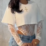 GETADME Sexy Women Crop Top+Lace Jacquard Full Sleeve Bodysuit Hottie Street Clubwear Slim Fit Wild Matching Basic Skinny Tees+Jumpsuit
