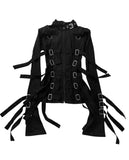 GETADME Punk Goth Bondage Strap Buckle Jacket Women Zip‑Up Flare Long Sleeve Top Dark Aesthetic Y2K StreetwearAdjustable StrapOuterwear
