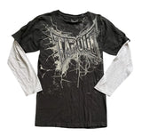 GETADME Gothic Vintage Distressed T-Shirt Two-in-One Skeleton Print Layered Top Y2K Retro Streetwear Loose Fit Harajuku Fashion Tee