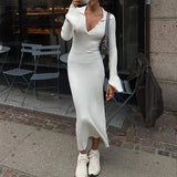 GETADME Elegant Ribbed Knitted V Neck Lapel Women Long Sleeve Elastic Solid&Stripes Printed Maxi Dresses Lady Fall Winter Bodycon Robes