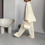 GETADME Early Spring Casual Solid Pants Sets Crew Collar Long Sleeve Split T-shirt+Elastic Straight Trousers Women's Baggy 2Pcs Suits