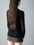 GETADME Autumn Round Neck Long Sleeve T-shirt Women's Fashion Slim Fit Fashion Trend See Throught T Shirts Flocking Flowers Tees