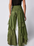 GETADME Women Y2k Aesthetic Ruffle Irregular Layered Long Pants Solid Color High Waist Wide Leg Trousers Sexy Streetwear