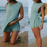 GETADME 콤바사키 여성용 니트 세트 민소매 크루넥 하이 슬릿 풀오버 탱크탑 신축성 허리 스키니 반바지 여름용 의상