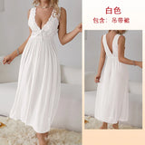 GETADME Sexy Pajamas Long Nightgown Home Wear Fashion Lace Dress For Women Deep V Sleepwear Chiffon Nightdress Wedding Night Clothes