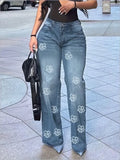 GETADME Women's Jeans 2025 Spring Autumn New Fashion Floral Print High Waist Pocket Design Loose Jeans Straight Leg Casual Spants