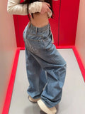 GETADME 2025 Ropa Y2K Style Letter Hot Fix Rhinestone Baggy Stacked Jeans Pants For Women Clothing Luxury Wide Leg Lady Denim Trousers