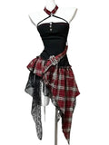GETADME Gothic Punk Two Piece Set for Women 2026 Summer Distressed Mesh Crop Tops Plaid Asymmetrical Lace Skirt Chain Y2K Streetwear