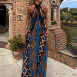 GETADME Sexy Lady V-neck Sleeveless Suspender Dress Casual Off Shoulder Bohemian Beach Dress 2025 Retro Pattern Printed Loose Long Dress