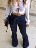 GETADME Ladies Deep Blue High Waist Bell Bottom Jeans Elastic Stretch Leg Lengthening Belted Waist