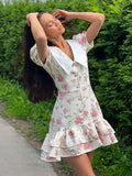 GETADME Sweet Floral Printed Ruffle Hem Dress Chic A-line Lapel Puff Sleeve Dresses For Women 2025 Summer Lady Holiday Street Gowns New
