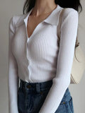 GETADME 2025 Women Lapel Slim Tops Ladies Buttons Sexy V Neck Long Sleeve POLO Neck Knit Cardigan Sweater
