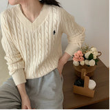 Getadme-Women's Twist Pullover Knitted Sweater Solid Casual Jumper Fall Winter Vintage Embroidered V-Neck Long Sleeve Top