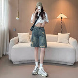 GETADME High Waist Slimming A- Line Denim Shorts Women's Five-Quarter Length Straight Leg Jeans Retro Style No Stretch Cotton Blend
