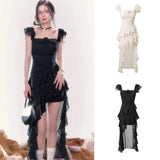 Getadme Long Tailed Dress Women 2000s Vintage Clothing Casual Bodycon Slim Black Y2k Midi Dress Even Party Elegant Beach Korean Summer