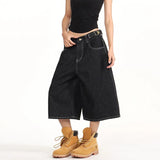GETADME 2026 Summer American Retro Denim Cropped Pants for Men and Women Street Loose Wide-leg Shorts Y2K Hip-hop Street Dance Pants