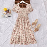 GETADME French Style Vintage Square Collar Fragrant Flower Dress Women's Petite High-Waisted Puff Sleeve Sweet Cropped Dress Spring