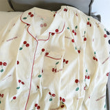 GETADME Cherries Print Two Pieces Pajamas Set Autumn Faux Cotton Pajamas Korean Fashion Home Clothes Ladies Pants and Top Set Pijamas
