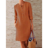 GETADME Women Casual Soild Long Sleeve Cotton And Linen Tunic Dress Vintage Straight Dress Long Sleeve Oversized Mini Knee-Length Dress