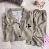 GETADME Mickey Mouse Strip Print Woman's Pajamas Set Autumn Winter Household Clothes Sweet Cute Pajamas Cartoon Student Homewear Korean