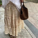 GETADME 2025 Crochet Long Semi Skirt Women Lace Version of Gentle Heavy Industry Retro Hollow Design Elastic Knitted  A-shaped