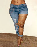 GETADME Women Jeans Pencil Pants Denim Sexy Big Holes Chain Washing Slim Pockets Streetwear Spring 2025 Slight Strech Solid Color