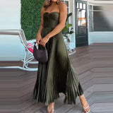 GETADME Women Sexy Sleeveless Solid Color Party Dress Fashion Pleated Big Swing Evening Dress Elegant Strapless Backless Zip Long Dress
